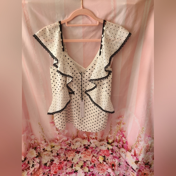 New Adelyn Rae Womens White Black Mini Dress Polka Dots Ruffle Convertible S… - Picture 11 of 12